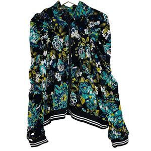 Ashley Stewart Chiffon Full Zip Jacket  18/20 Turquoise‎ Floral Ruched Shoulders